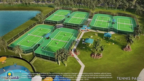 an aerial view of a golf course with a swimming pool