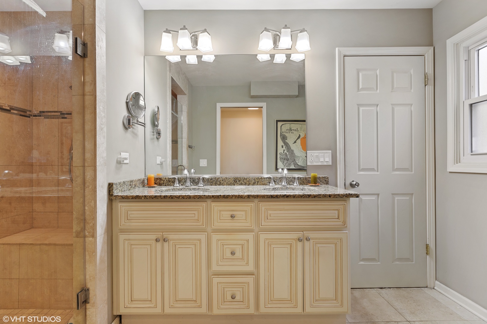 20 Marryat Road Trout Valley, IL 60013 - Photo 8 of 33 a bathroom with a granite countertop sink a mirror and a shower
