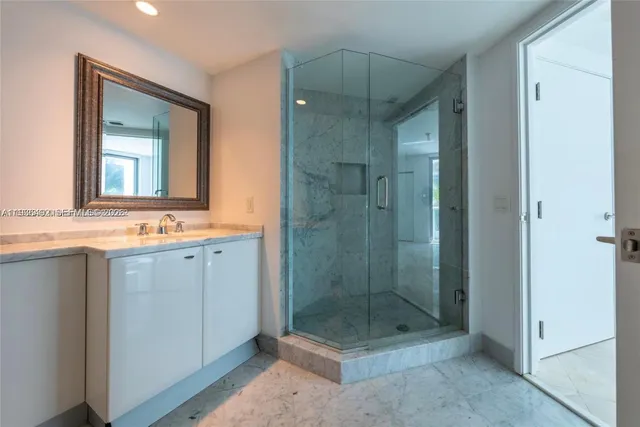 a bathroom with a shower a sink and mirror