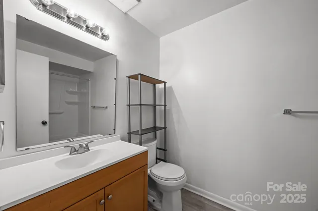 a bathroom with a sink a toilet and mirror