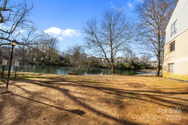 a view of a yard with a house and trees in the background