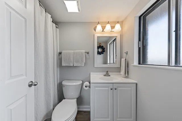 a bathroom with a toilet sink and mirror