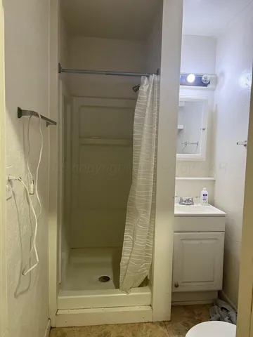 a bathroom with a shower a sink and mirror