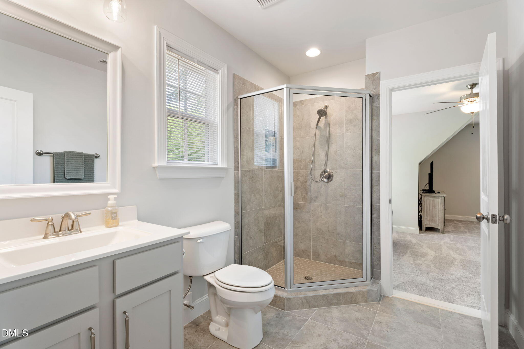 223 Colonial Ridge Drive Pittsboro, NC 27312 - Photo 19 of 47 a bathroom with a shower sink vanity mirror and toilet