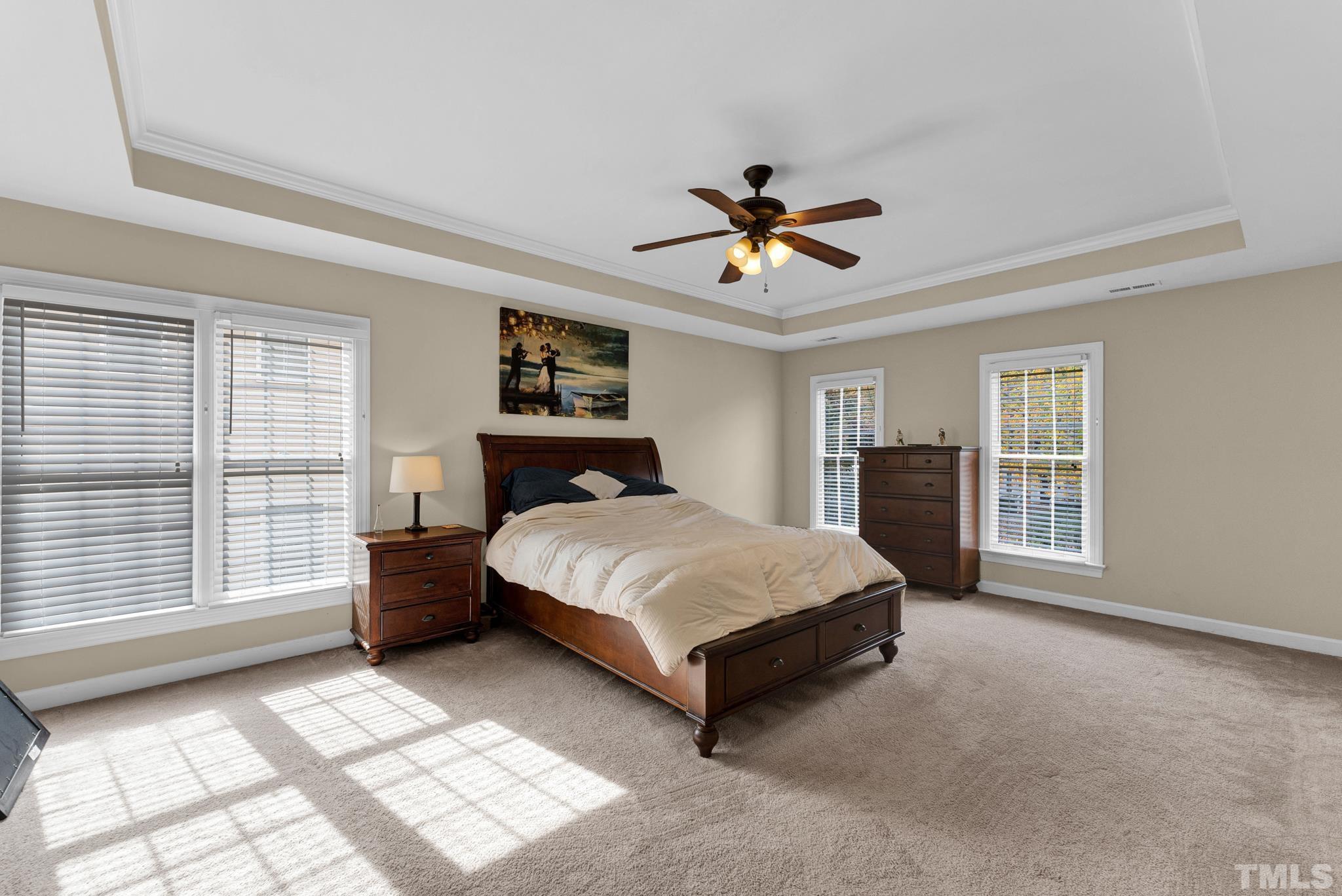 11619 Shavenrock Place Raleigh, NC 27613 - Photo 13 of 20 a spacious bedroom with a large bed a chandelier and windows