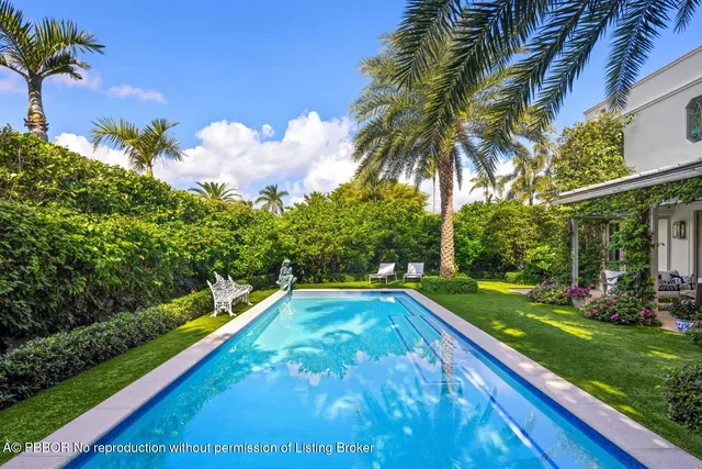 a view of a backyard with swimming pool