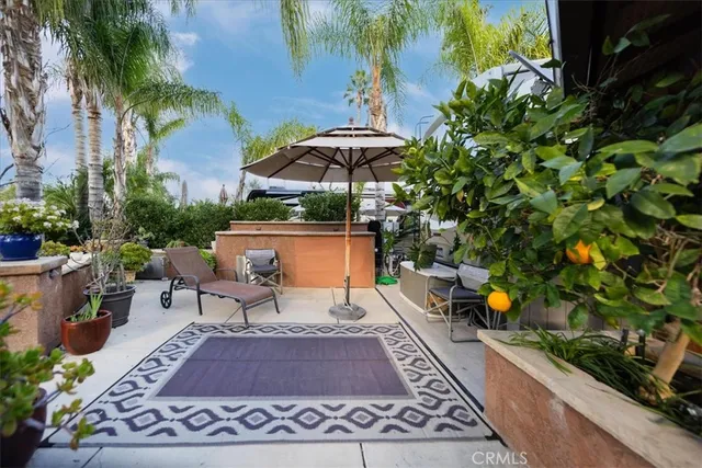 an outdoor space with seating