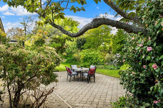 a backyard of a house with table and chairs