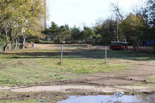 a view of a yard with large trees