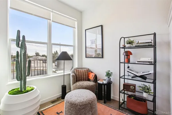 a living room with furniture and a potted plant