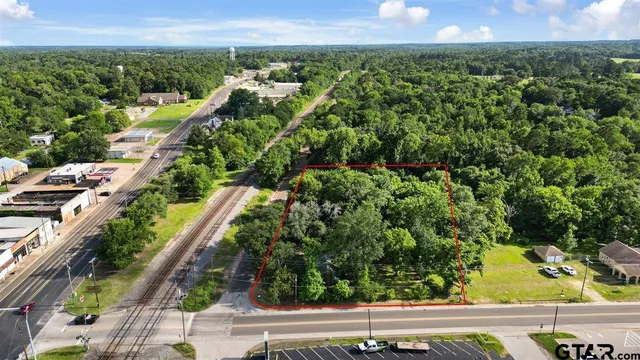 an aerial view of a residential houses with outdoor space and trees