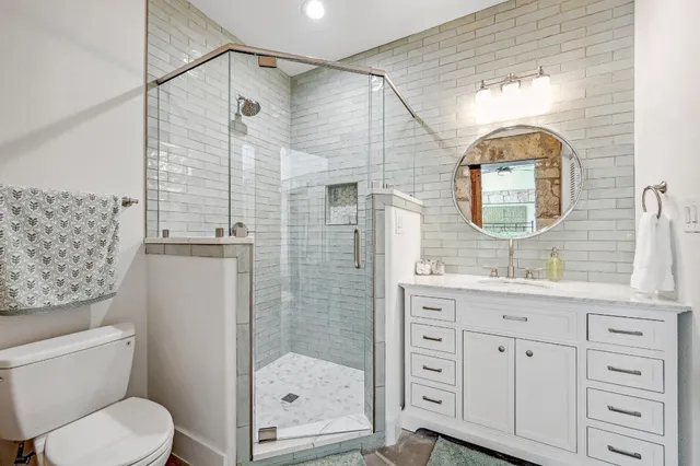 a bathroom with a toilet a sink and mirror