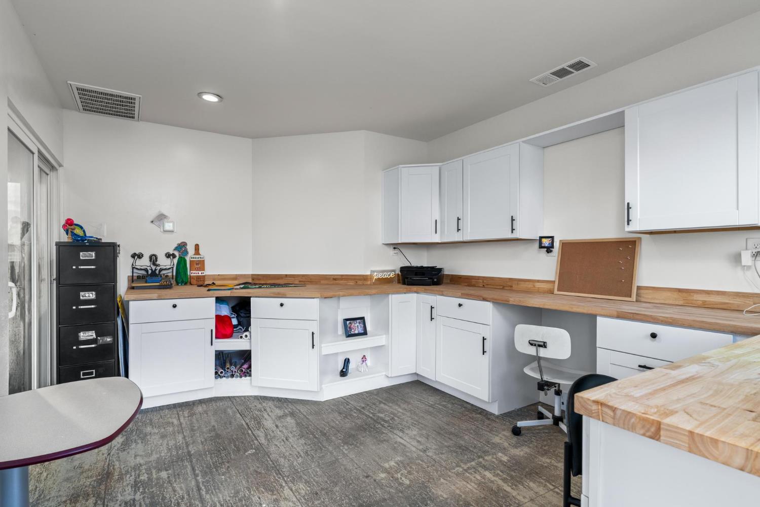 13791 Castle Road Manteca, CA 95336 - Photo 59 of 96 Office with built in desk, butcher block countertops, white cabinets, and recessed lighting