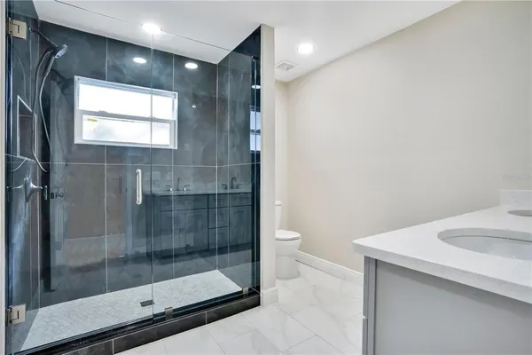 a bathroom with a shower and a toilet