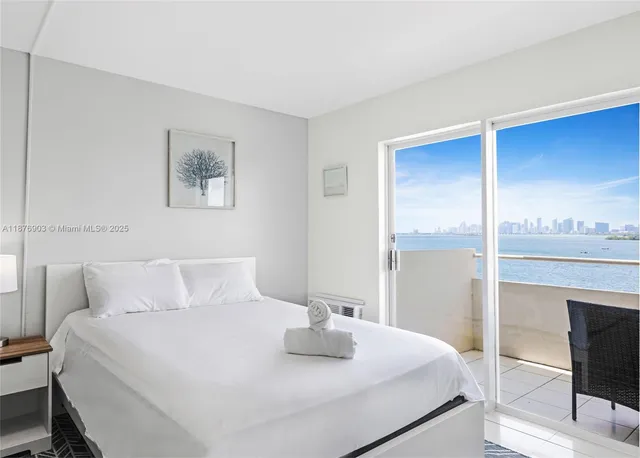 a bedroom with a bed and a fireplace