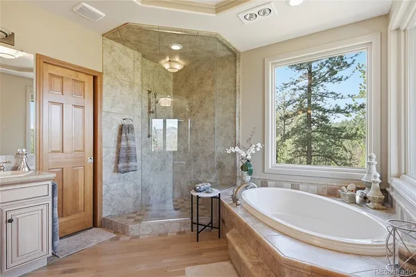 a bathroom with a tub a sink a window and a shower