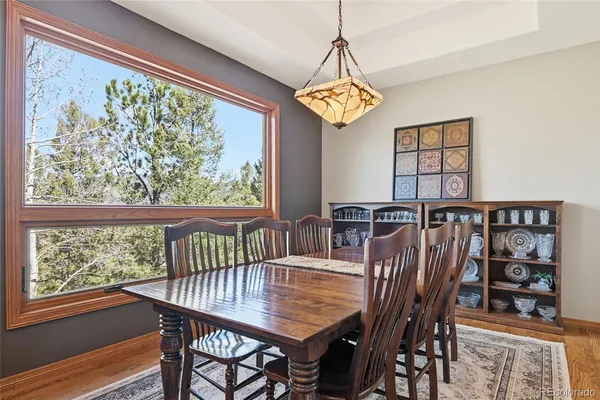 a view of a dining room with furniture window and wooden floor