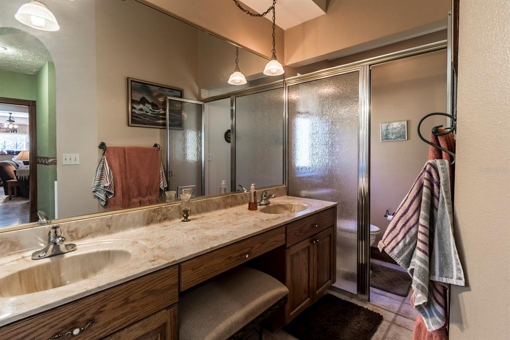 9215 Ridge Road New Port Richey, FL 34654 - Photo 42 of 71 a bathroom with a granite countertop sink a mirror and a shower