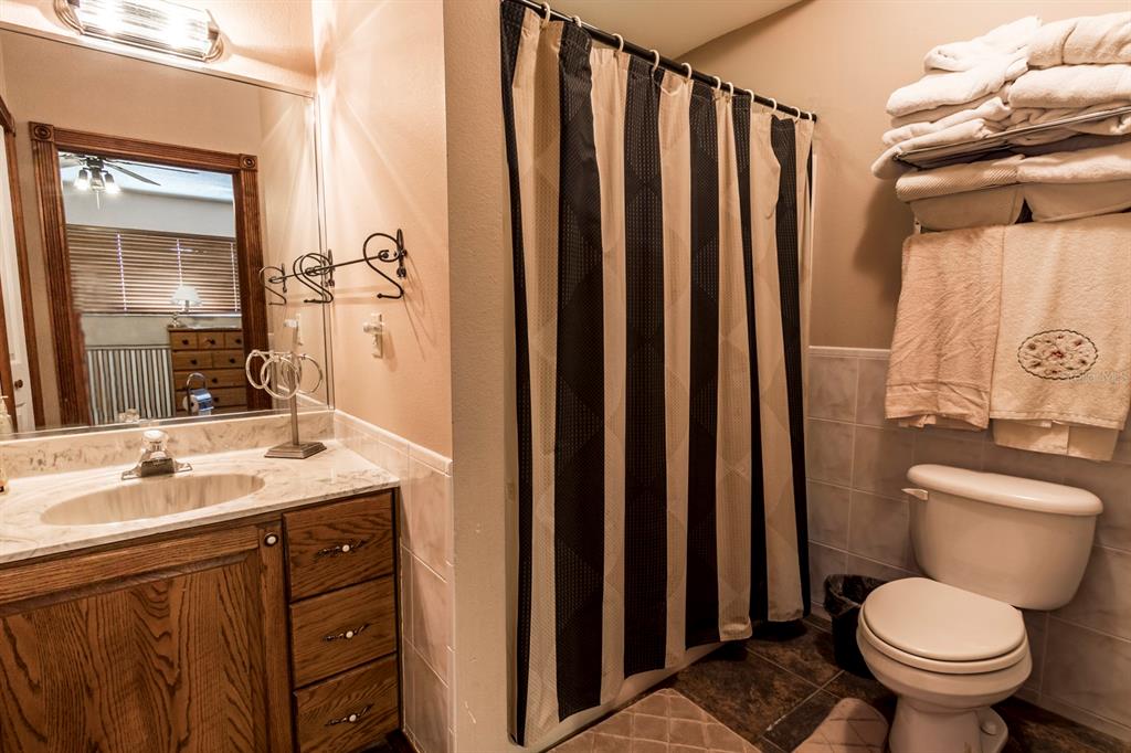 9215 Ridge Road New Port Richey, FL 34654 - Photo 51 of 71 a bathroom with a sink a toilet a mirror and shower curtain