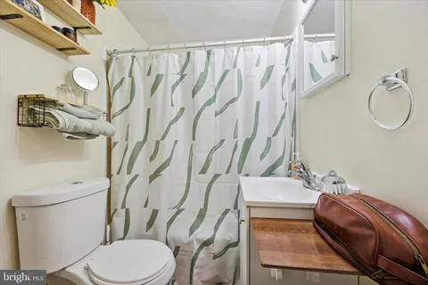 a bathroom with a sink a toilet and shower curtain