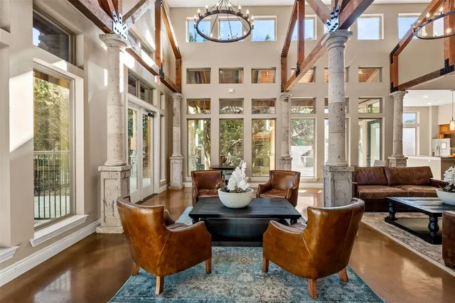 a view of swimming pool is middle in the garden