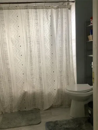 a bathroom with a shower and toilet