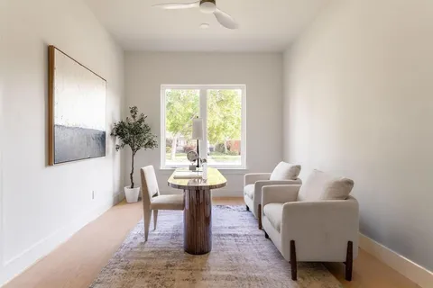 a living room with furniture and a potted plant