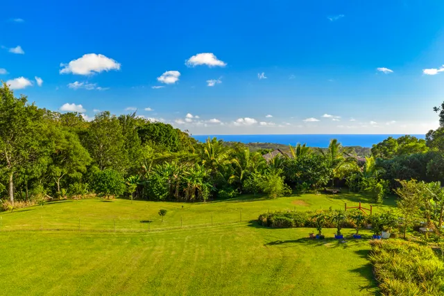 a view of yard with swimming pool and green space