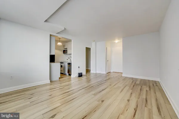 a view of empty room with wooden floor