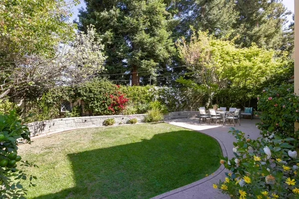a view of backyard with swimming pool and sitting area