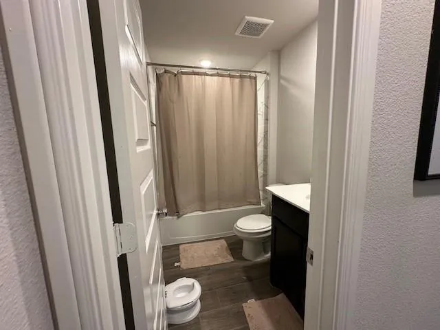 a white toilet sitting next to a shower curtain