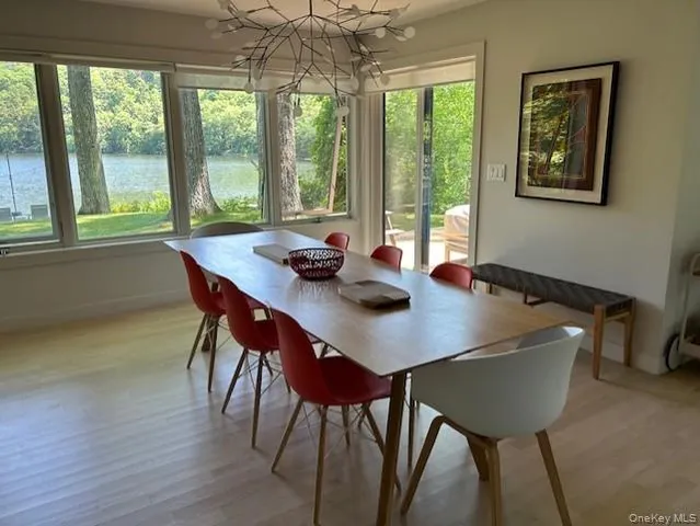 a view of a dining room with furniture and window