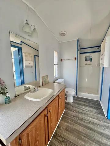 a bathroom with a sink a toilet a mirror and shower