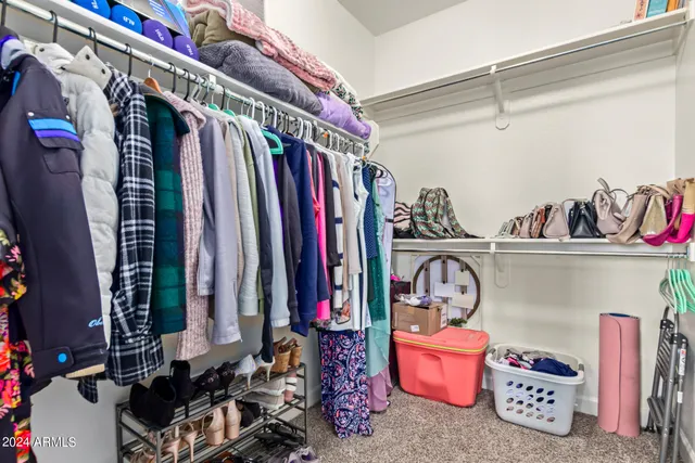 a view of walk in closet with clothes and shoes