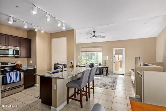 a view of a dining room with furniture