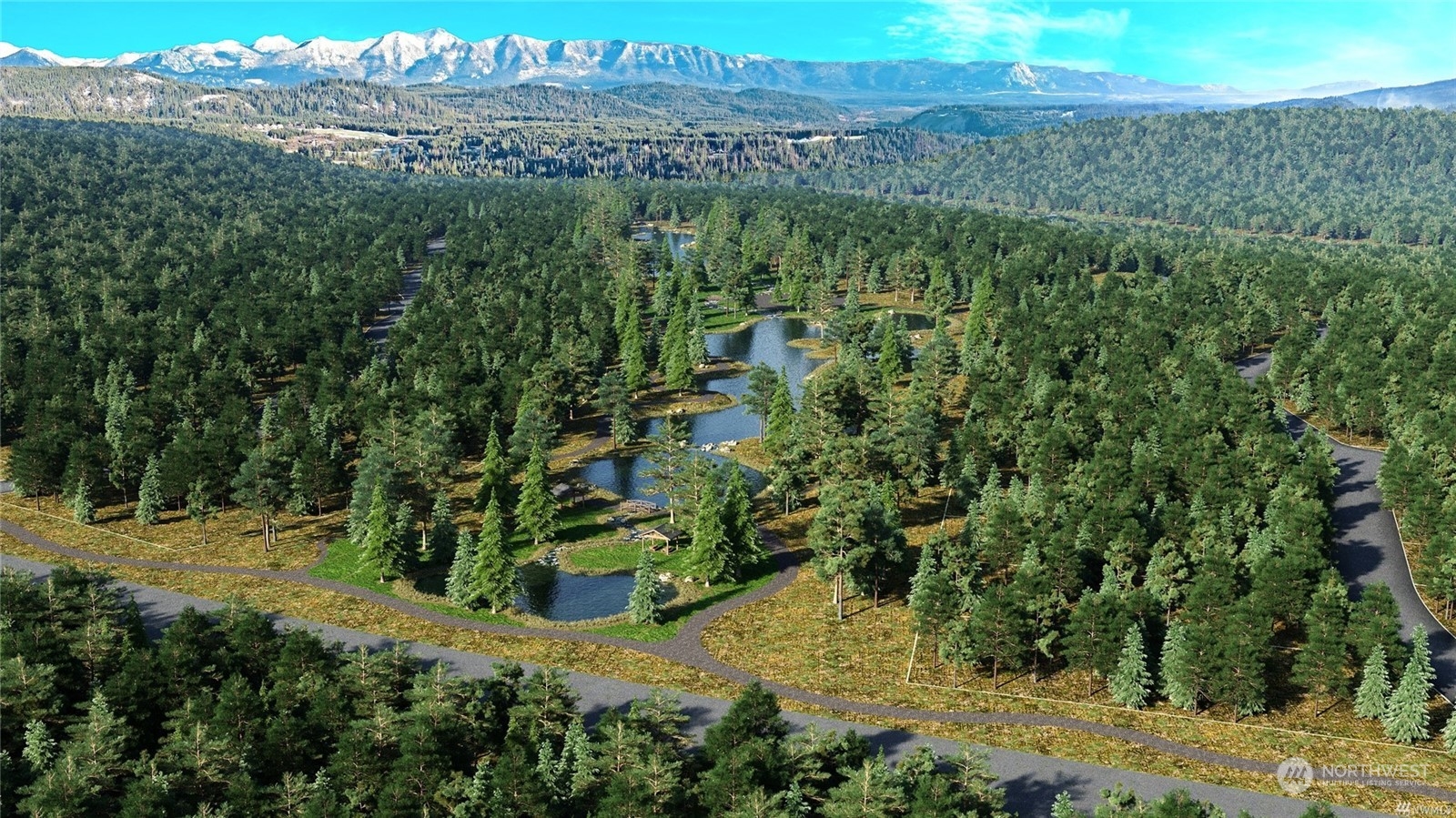 a view of a lush green forest with an outdoor space