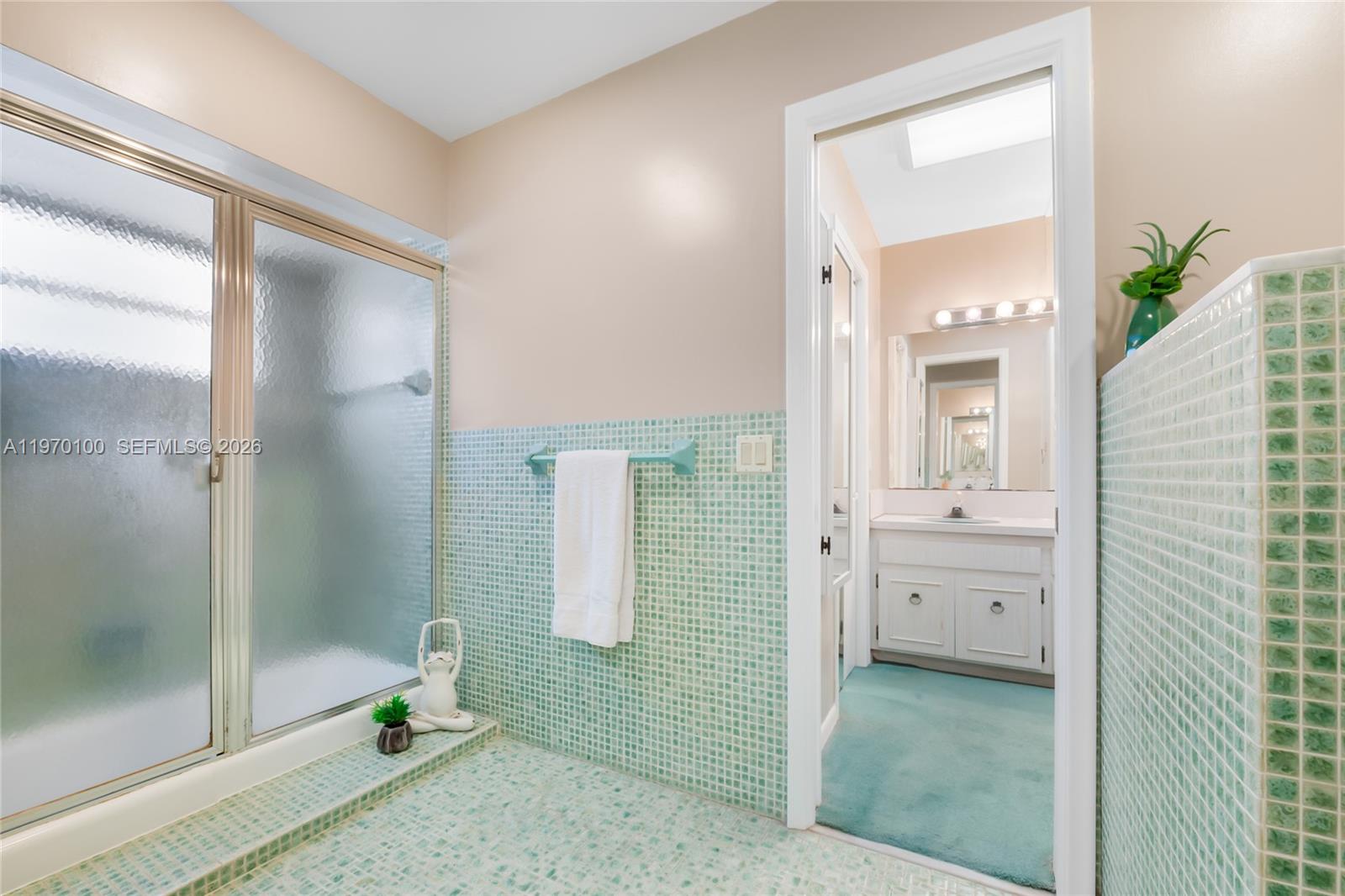 4931 Madison Street Hollywood, FL 33021 - Photo 18 of 26 a bathroom with a granite countertop sink mirror and shower
