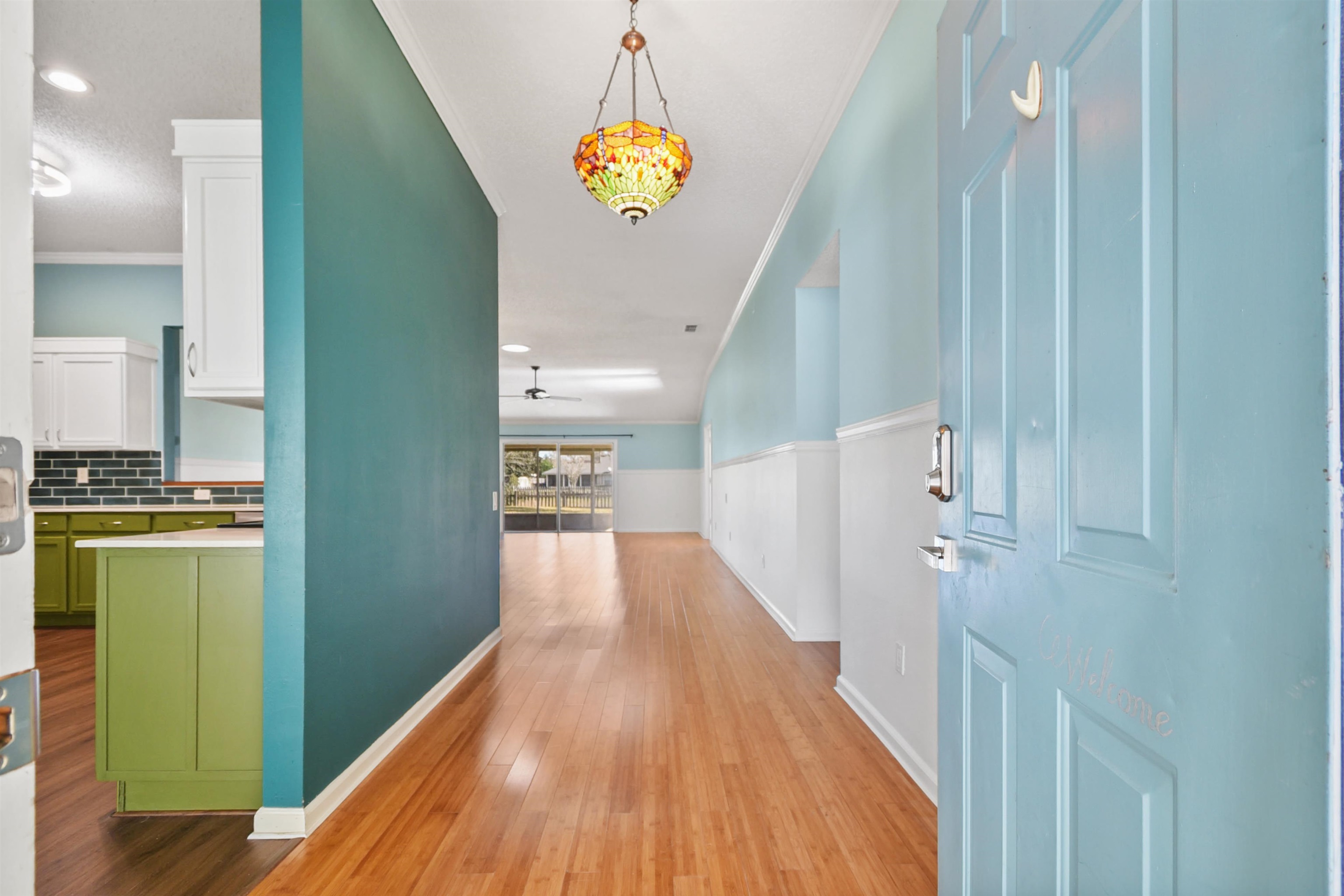 420 Bay Point Way North St. Johns, FL 32259 - Photo 11 of 37 Entryway featuring ornamental molding, light wood-type flooring, a ceiling fan, and recessed lighting