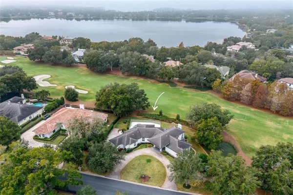 an aerial view of lake residential houses with outdoor space and trees