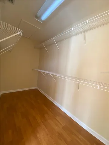 a view of a room with an empty walk in closet