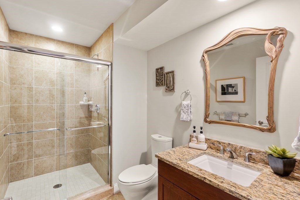 25 South Cottage Road, Unit 25 Belmont, MA 02478 - Photo 26 of 29 a bathroom with a granite countertop sink toilet and shower