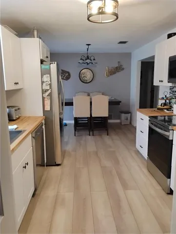 a kitchen with a refrigerator and a sink