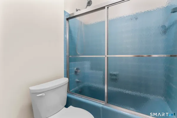 a bathroom with a shower and a toilet