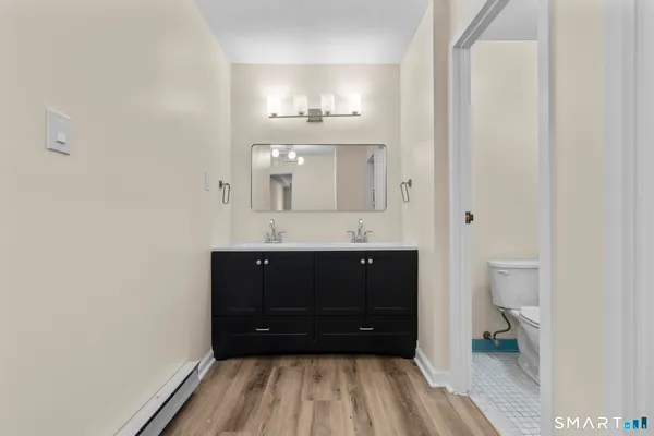 a bathroom with a sink a toilet and a mirror