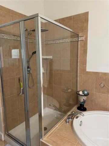a bathroom with a bathtub and a shower