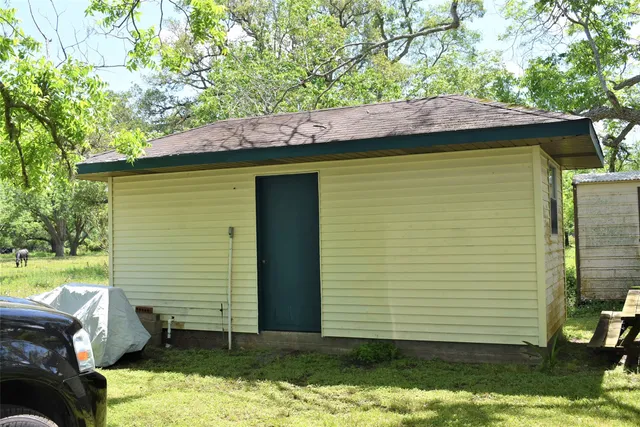 a view of a backyard with plants and large tree