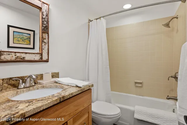 a bathroom with a granite countertop sink toilet and shower