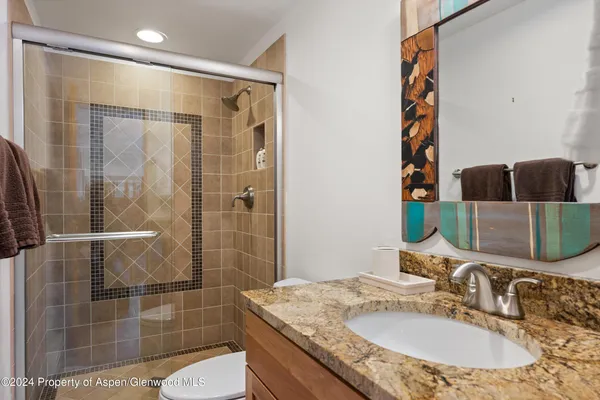 a bathroom with a granite countertop sink a toilet and shower