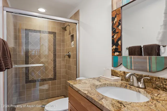 a bathroom with a granite countertop sink a toilet and shower
