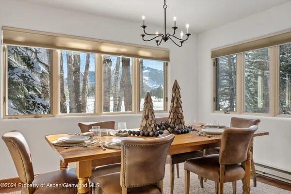 a view of a dining room with furniture window and outside view